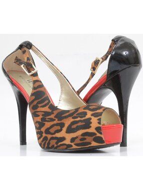 Worthington Womens 7.5 Leopard Print Red Slip-on Peep Toe Platform Stiletto Heel